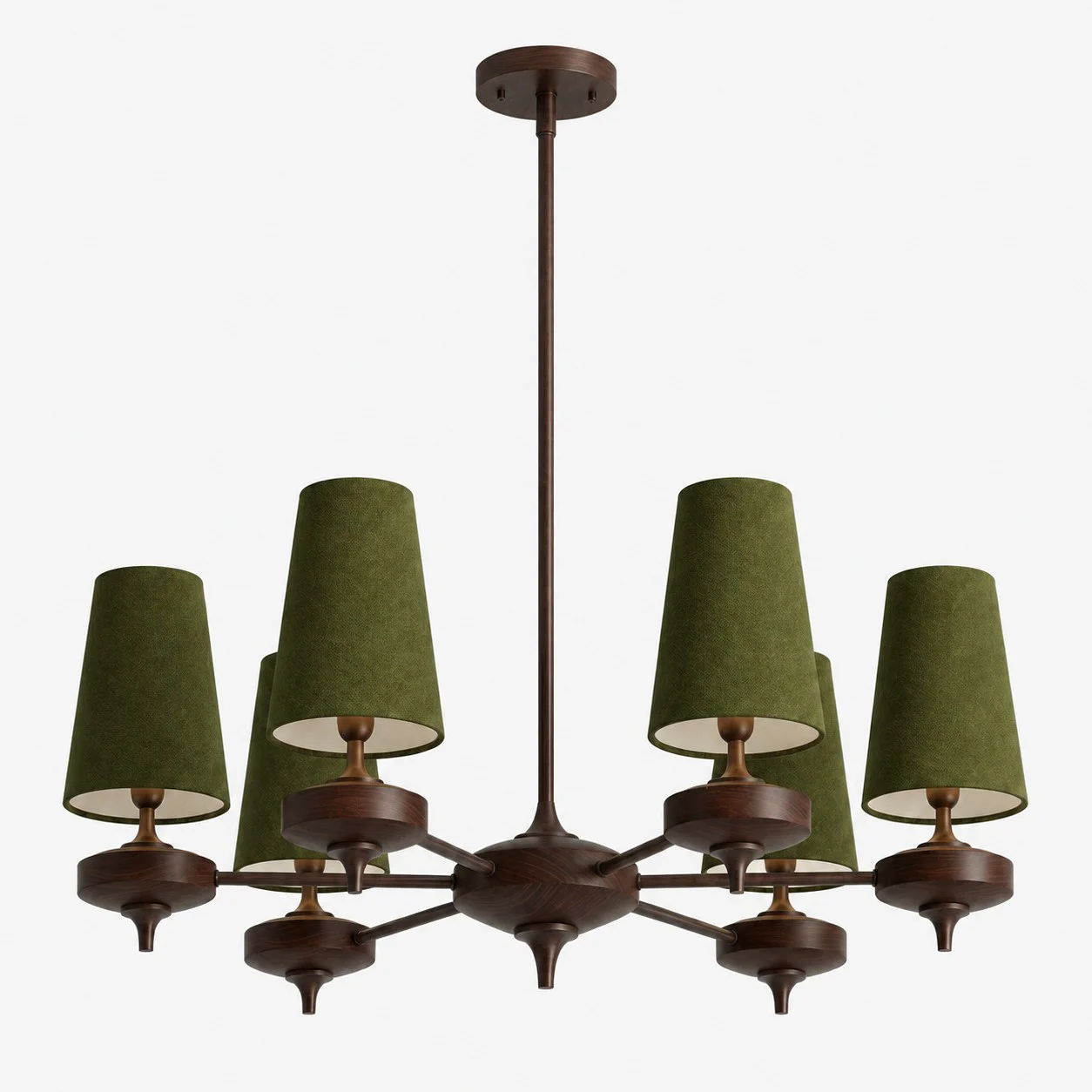 6-light Hour Rho chandelier with green velvet shades